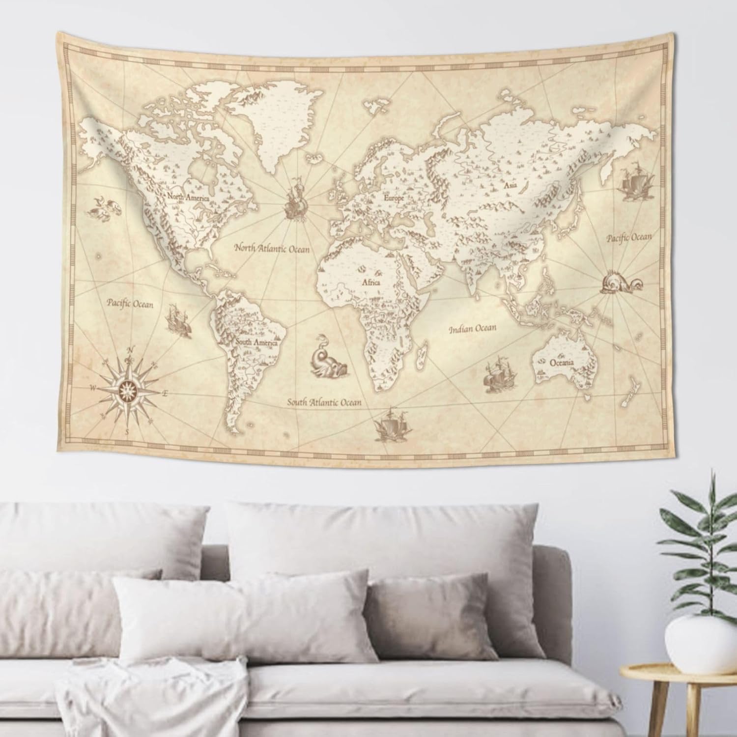 Wall Scroll Tapestry - Tapeçaria de Mapa Mundial Vintage para